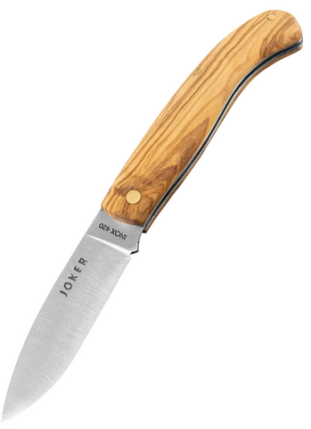 A folding pocket knife with a silver steel blade and a light brown olive wood-grain handle, shown open against a solid white background. The blade is engraved with the brand name 'JOKER' 