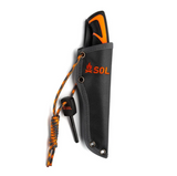 Black sheath with orange accents and a fire starter tool on a white background